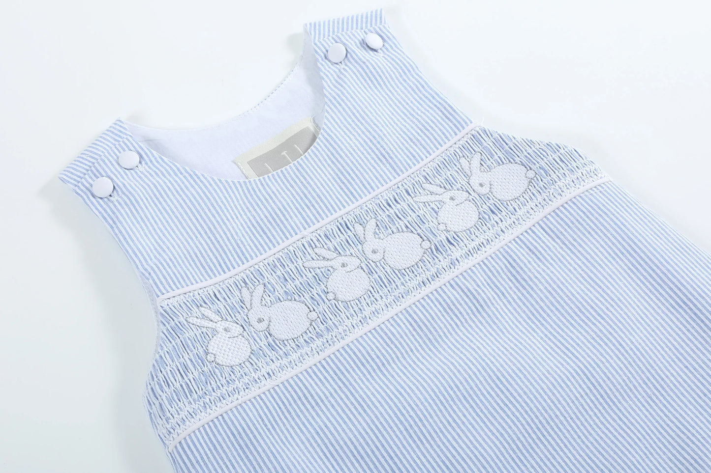 Light Blue Seersucker Bunny Smocked Shortalls