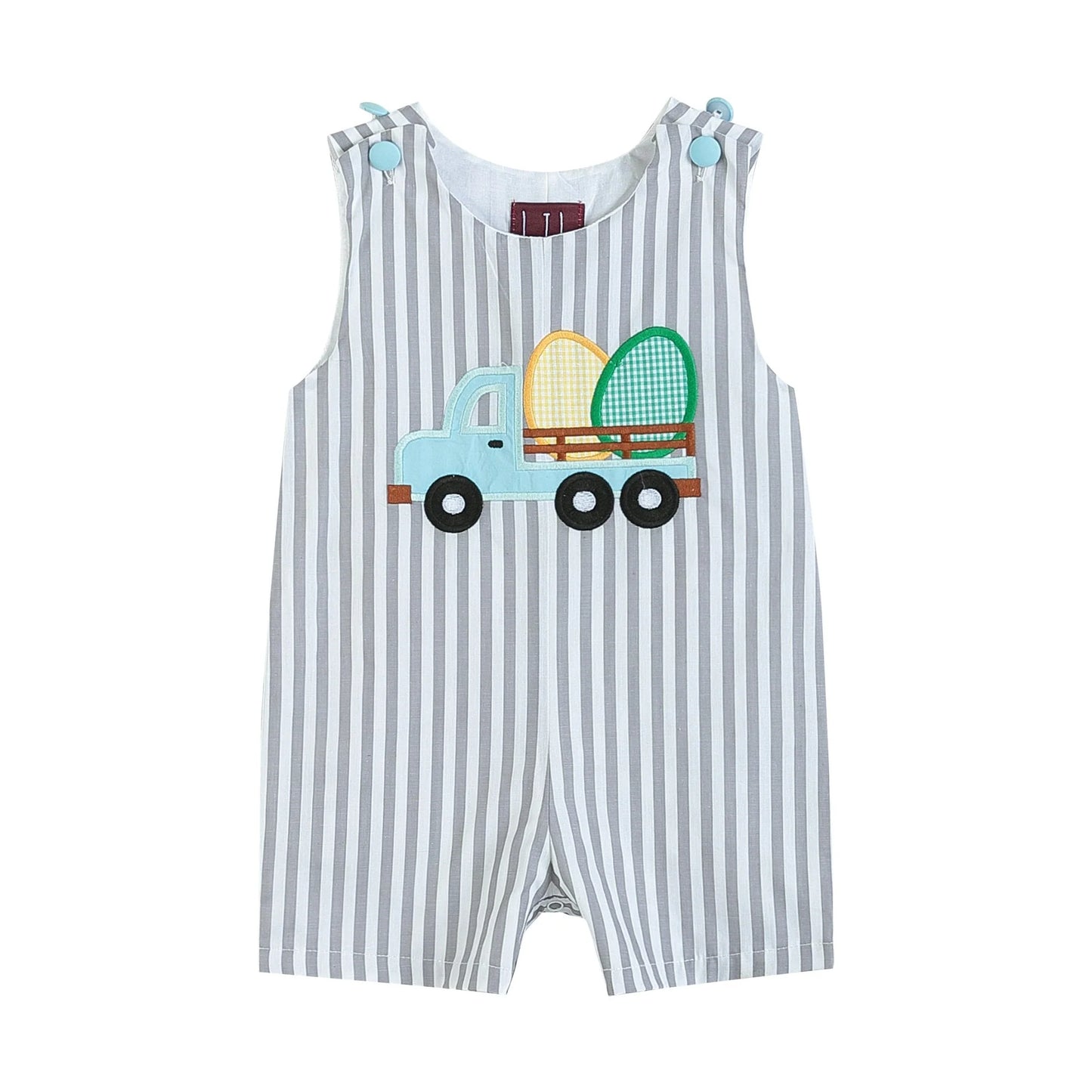 Boys Gray Striped Easter Egg Shortalls