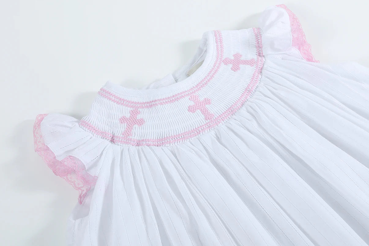 White and Pink Cross Smocked Bishop Dress