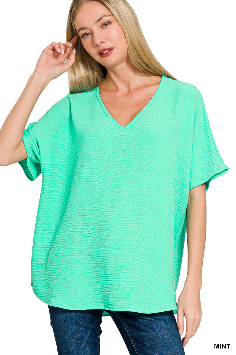 Zenana Woven Airflow Vneck Dolman Short Sleeve Mint