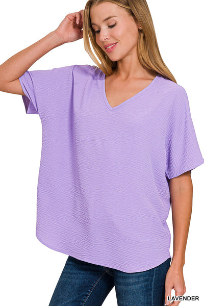Zenana Woven Airflow Vneck Dolman Short Sleeve Lavender