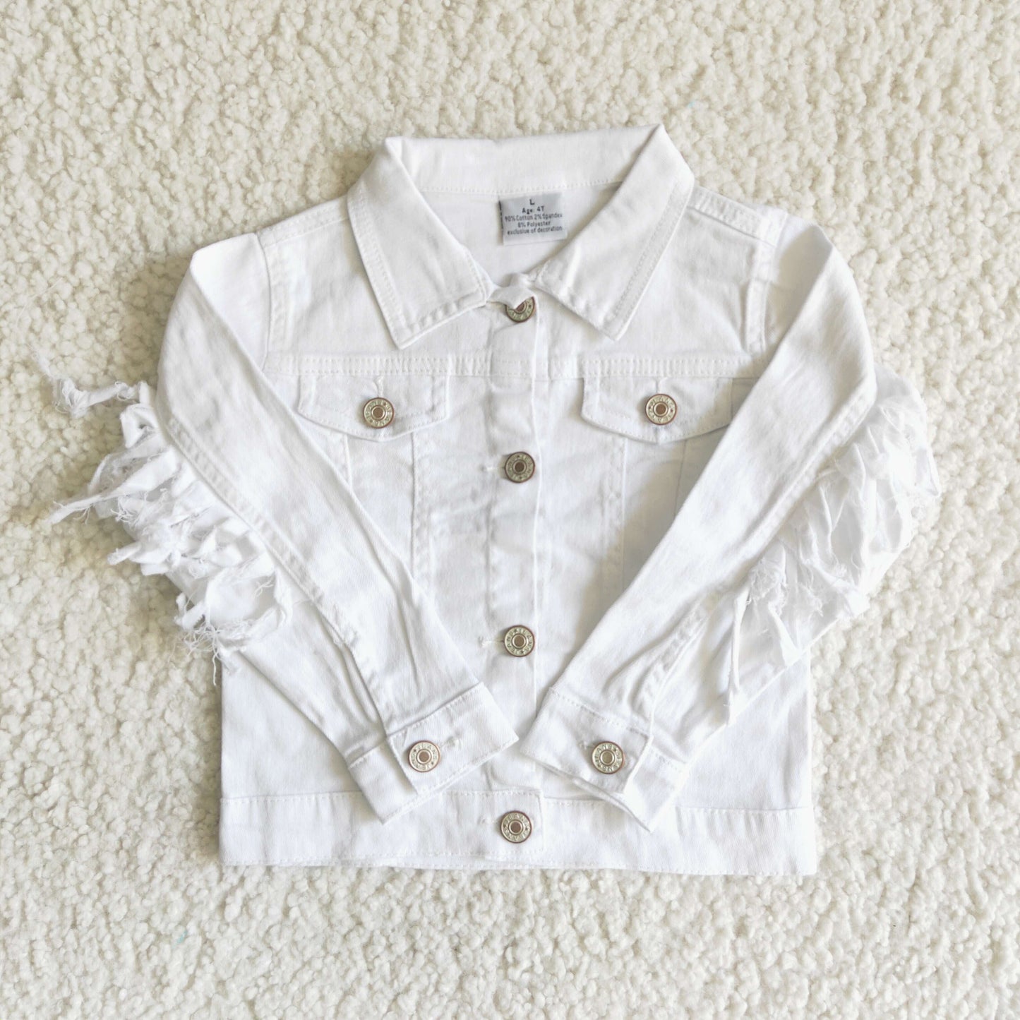 Girls White Fringe Denim Jacket