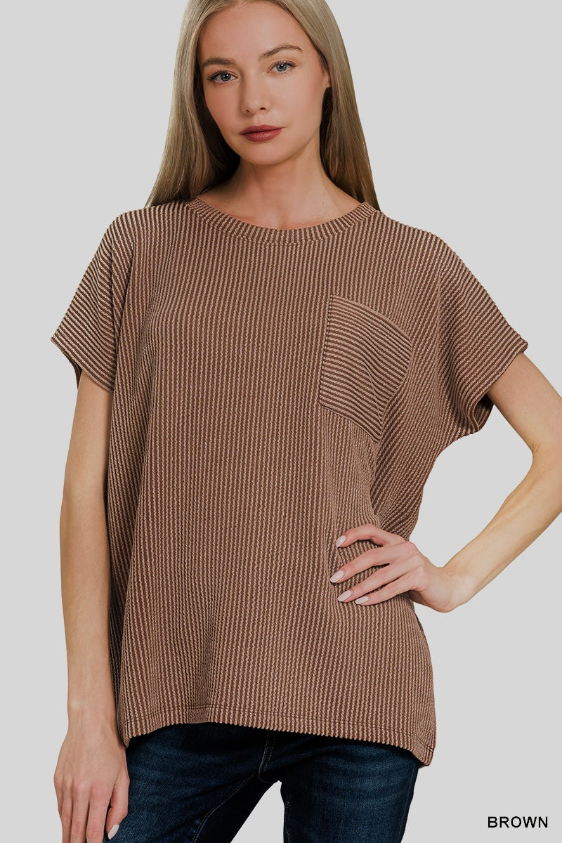 Zenana Brown Ribbed Pocket Top