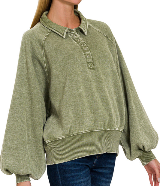 Zenana Olive Button Pullover