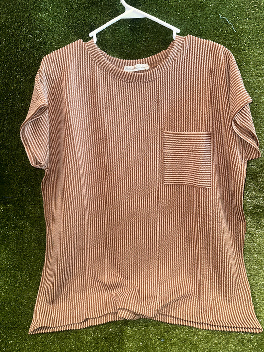 Zenana Brown Ribbed Pocket Top